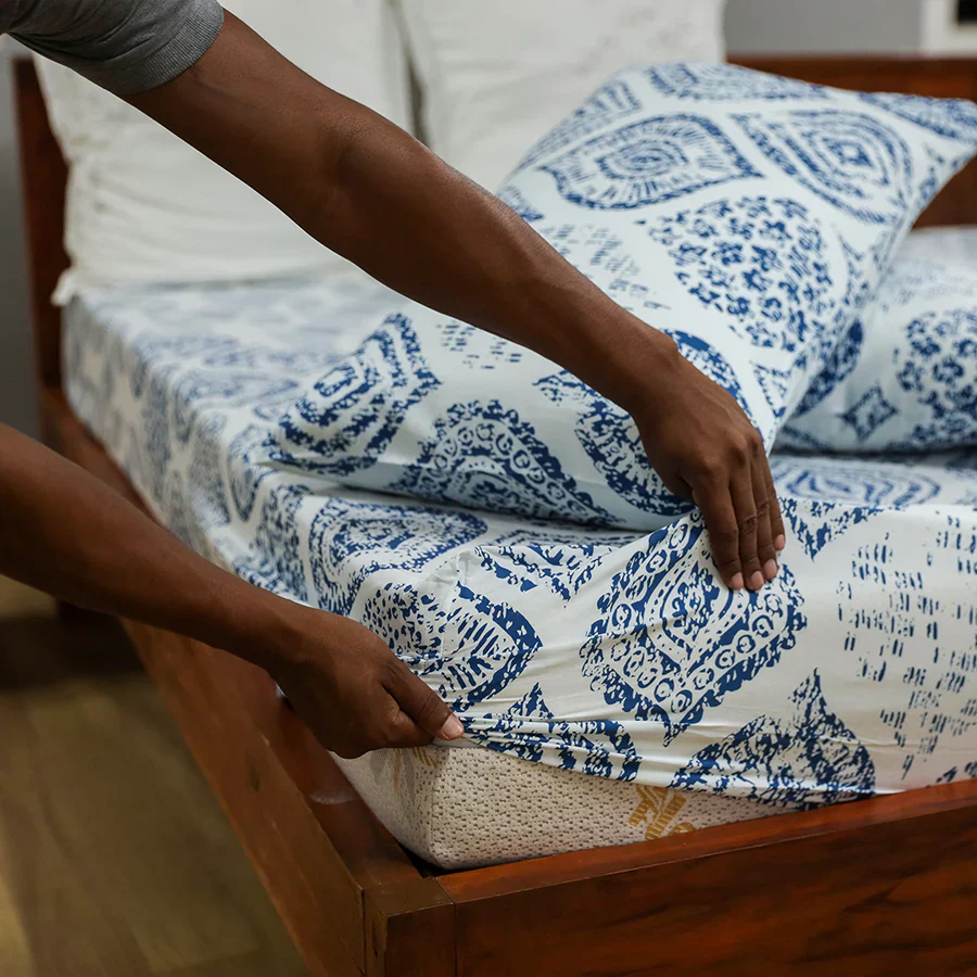 Fitted Bedsheet Set | Fishnet Motif | 100% Cotton Bedsheet + 2 Pillow Cases [Sizes: King Bedsheets & Queen/ Double Bedsheets]