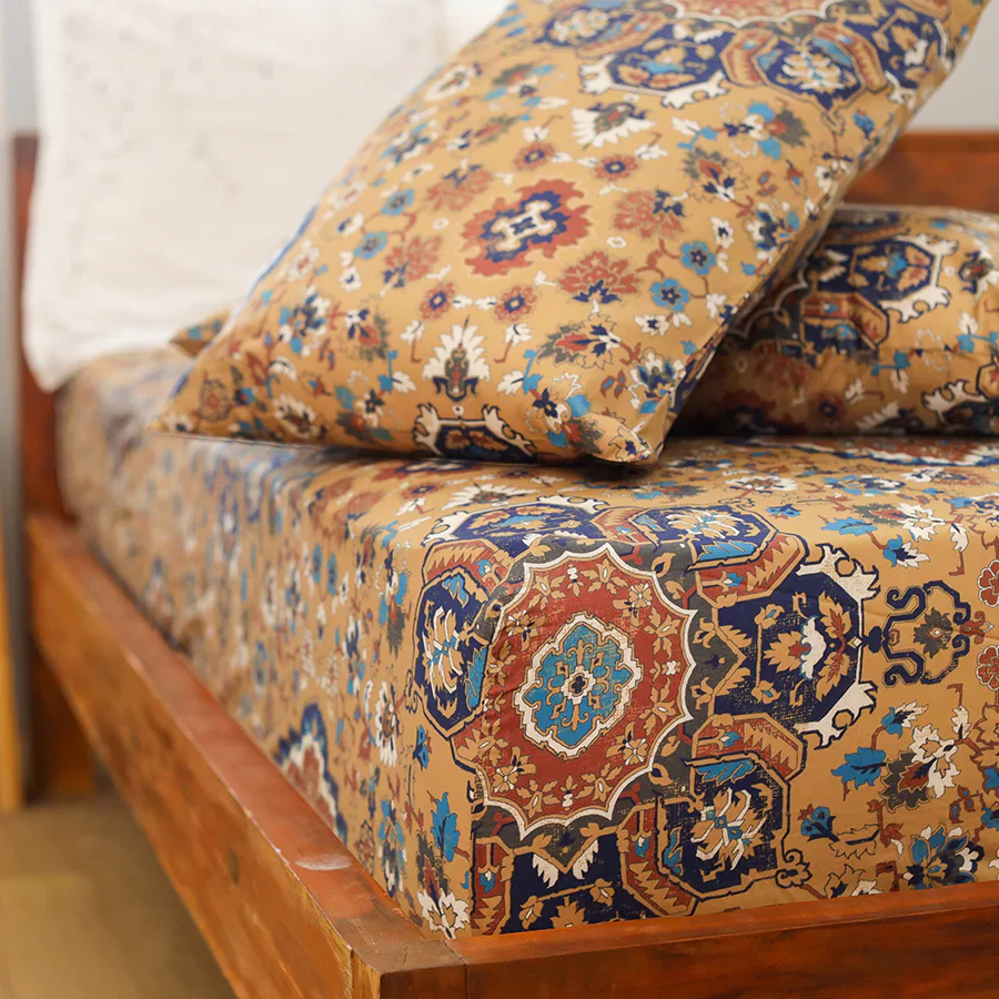 Fitted Bedsheet Set | Medallion Earth | 100% Cotton Bedsheet + 2 Pillow Cases [Sizes: King Bedsheets & Queen/ Double Bedsheets] - Image 6