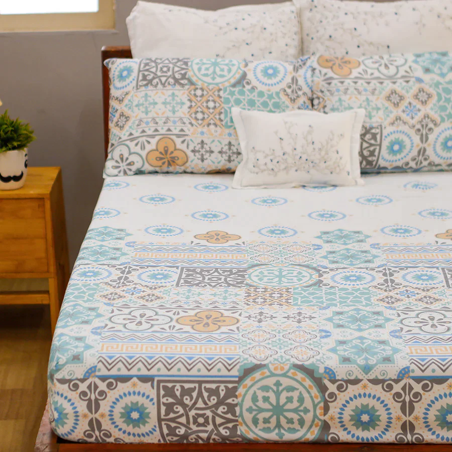 Bedsheet Set |  Morocco Tiles | 100% Cotton King Size Bedsheet + 2 Pillow Cases - Image 4