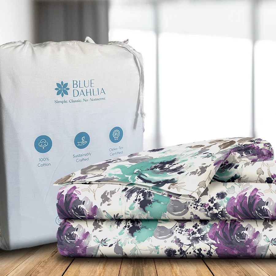 Fitted Bedsheet Set | Peonies Wisteria Purple | 100% Cotton Bedsheet + 2 Pillow Cases [Sizes: King Bedsheets & Queen/ Double Bedsheets] - Image 2