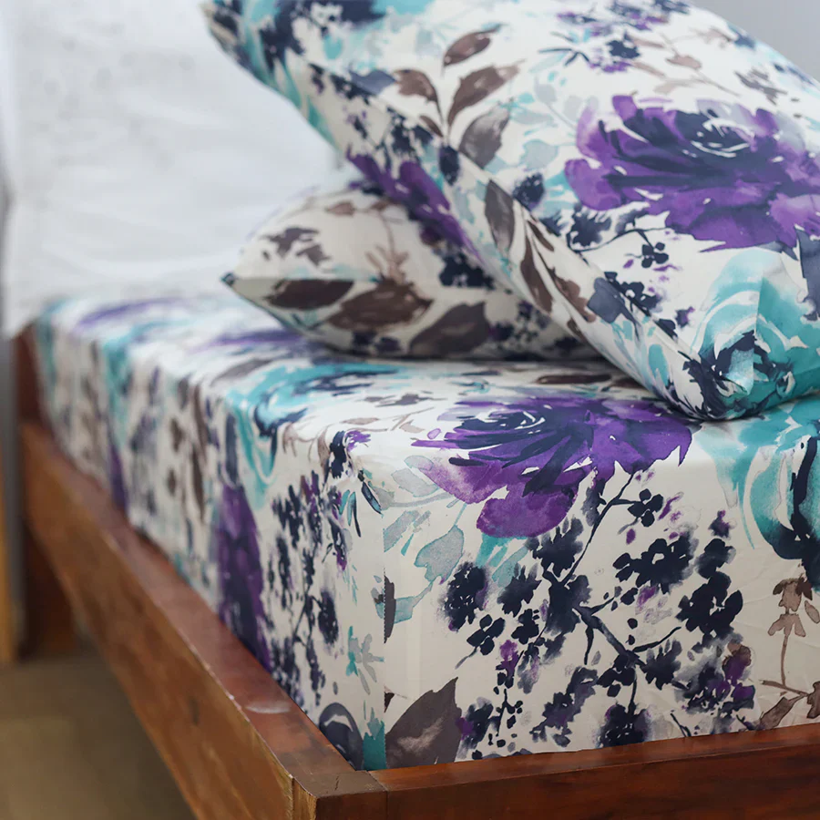 Fitted Bedsheet Set | Peonies Wisteria Purple | 100% Cotton Bedsheet + 2 Pillow Cases [Sizes: King Bedsheets & Queen/ Double Bedsheets] - Image 3