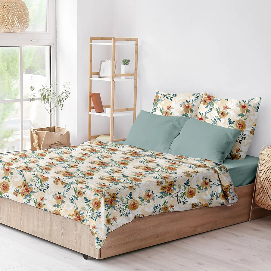 Fitted Bedsheet Set | Soft Camellias | 100% Cotton Bedsheet + 2 Pillow Cases [Sizes: King Bedsheets & Queen/ Double Bedsheets] - Image 8