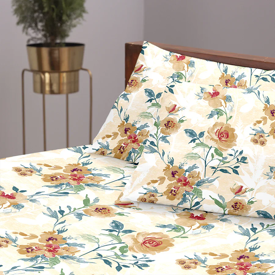 Bedsheet Set | Soft Camellias | 100% Cotton King Size Bedsheet + 2 Pillow Cases - Image 7
