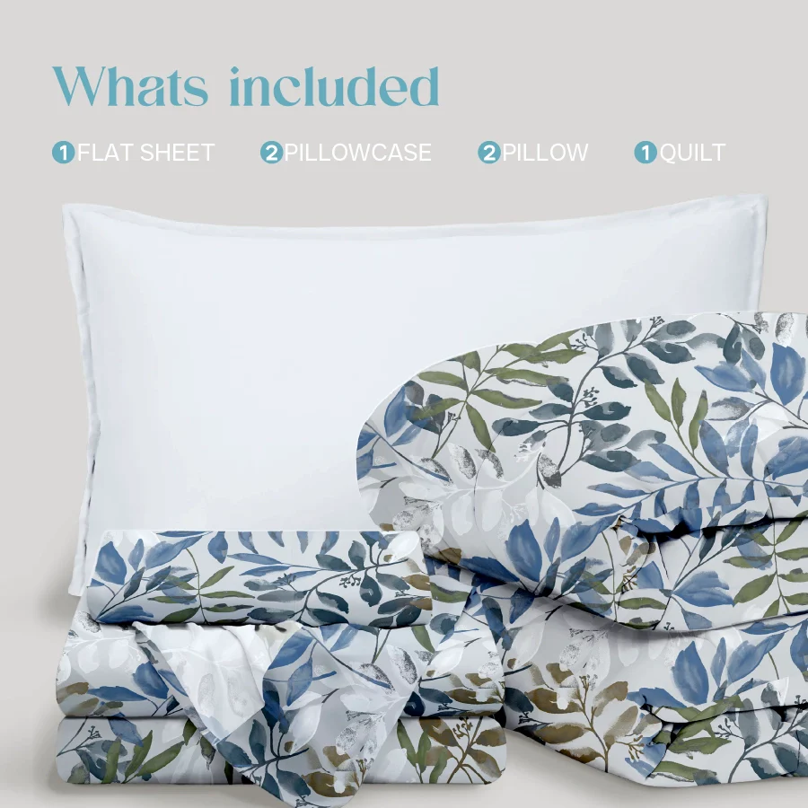 Comfort Bundle | Bedsheet Set with Quilt & Pillows | Blooming Rowan Leaves - Image 2