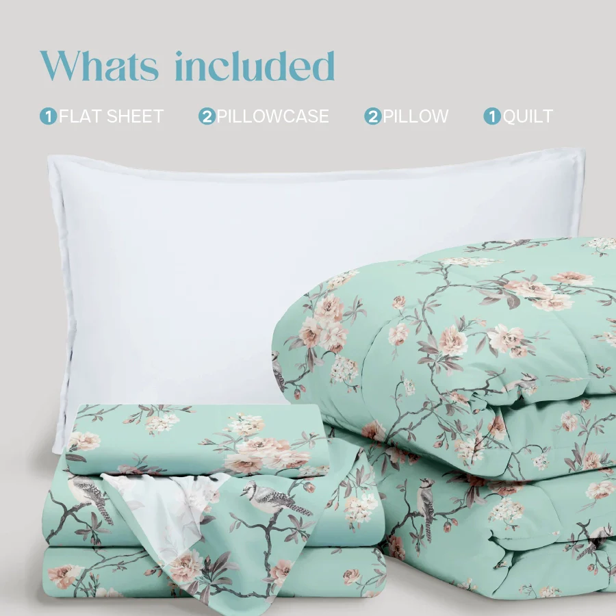 Comfort Bundle | Bedsheet Set with Quilt & Pillows | Cherry Blossom