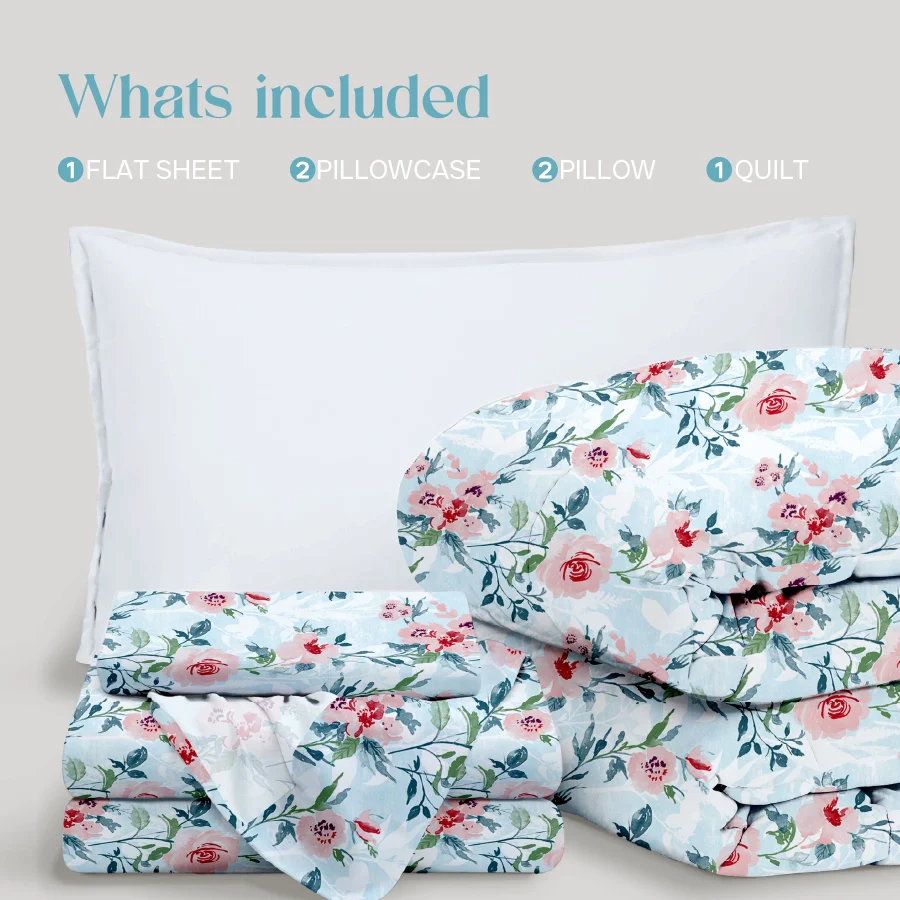 Comfort Bundle | Bedsheet Set with Quilt & Pillows | Soft Camellias