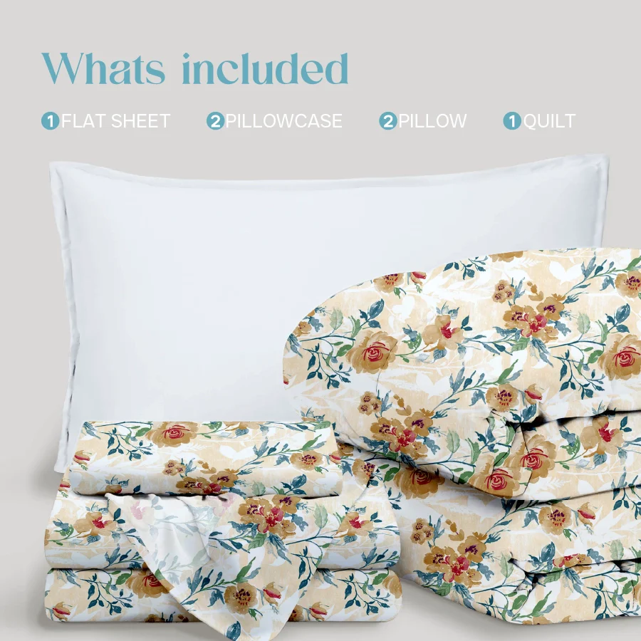 Comfort Bundle | Bedsheet Set with Quilt & Pillows | Soft Camellias - Image 6
