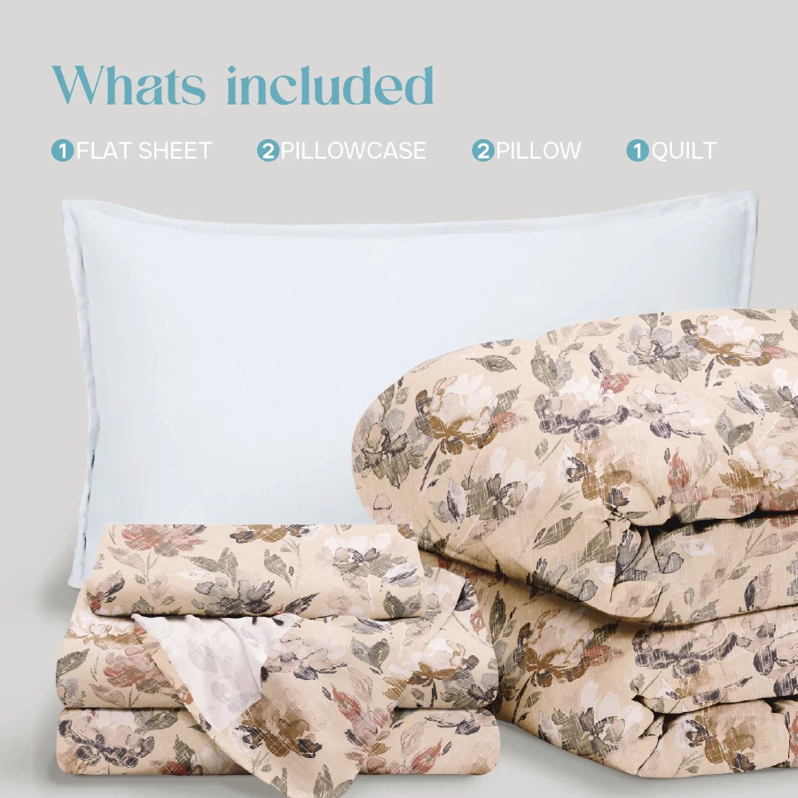 Comfort Bundle | Bedsheet Set with Quilt & Pillows | Vintage Rustic Flowers