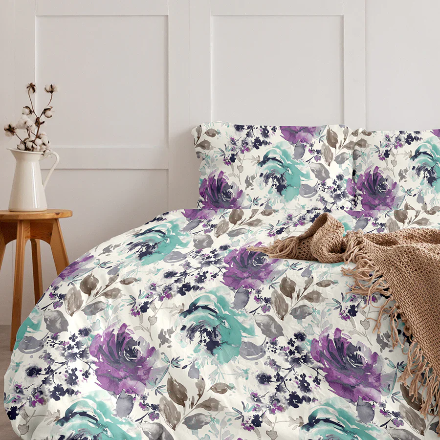 Bedding Bundle | Peonies Wisteria Purple | 100% Cotton Fitted Bedsheet Set with Duvet Cover - Image 2