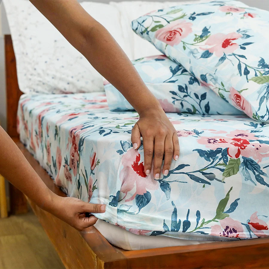 Bedding Bundle | Soft Camellias | 100% Cotton Fitted Bedsheet Set with Duvet Cover - Image 5