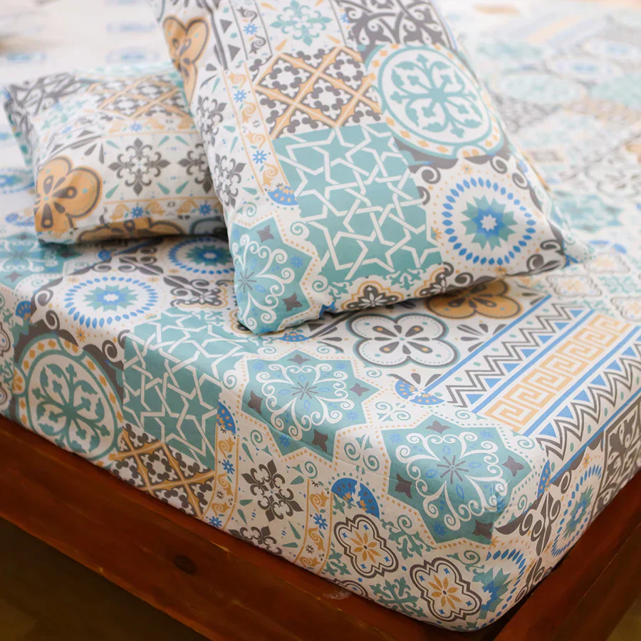 Bedsheet Set | Morocco Tiles | 100% Cotton Single Size Bedsheet with 1 Pillow Case - Image 2