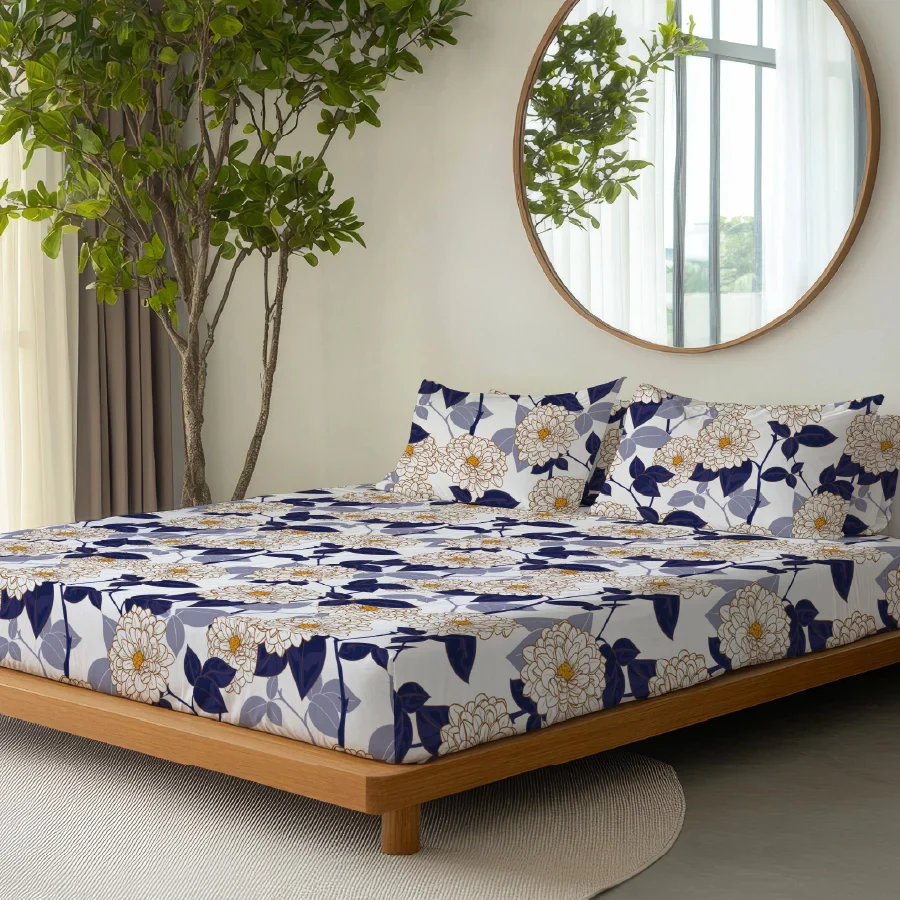 Bedsheet Set | Dahlia Range Dark Blue | 100% Cotton Single Size Bedsheet with 1 Pillow Case - Image 2