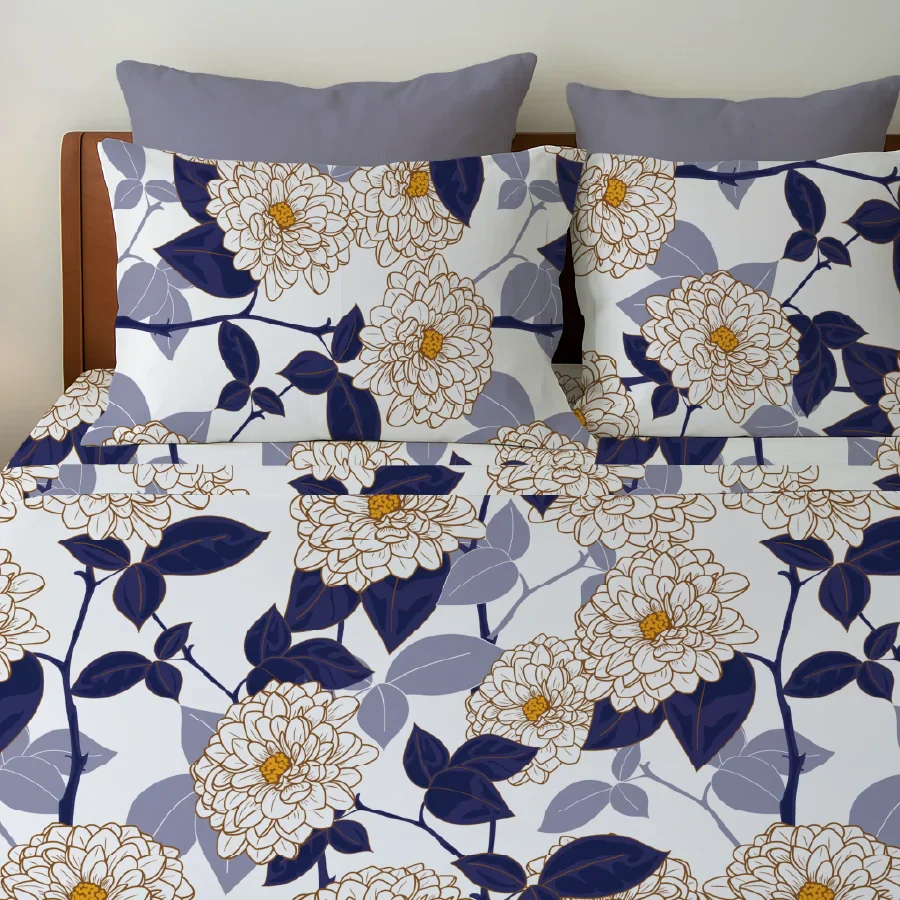 Bedsheet Set | Dahlia Range Dark Blue | 100% Cotton Single Size Bedsheet with 1 Pillow Case - Image 4