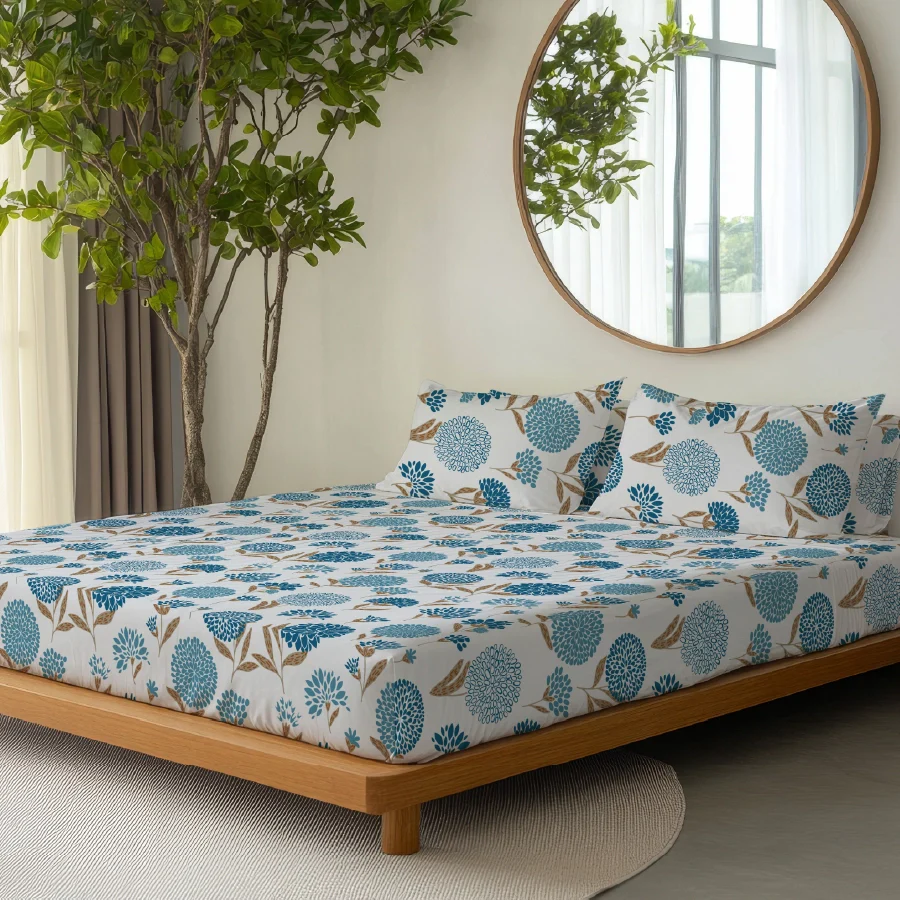 Bedsheet Set | Dahlia Range Light Blue | 100% Cotton King Size Bedsheet + 2 Pillow Cases - Image 3