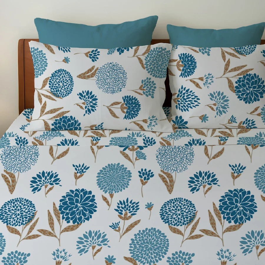 Bedsheet Set | Dahlia Range Light Blue | 100% Cotton King Size Bedsheet + 2 Pillow Cases - Image 5