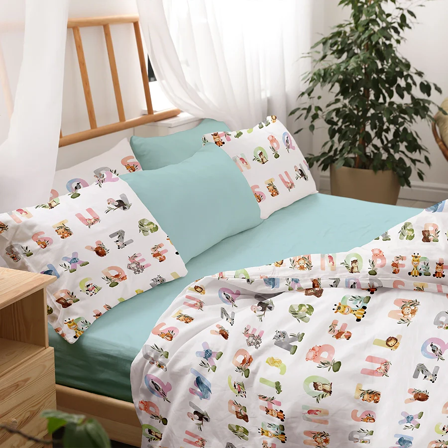 Fitted Bedsheet Set | Alphabets Adventure | 100% Cotton Bedsheet + 2 Pillow Cases [Sizes: King Bedsheets & Queen/ Double Bedsheets]