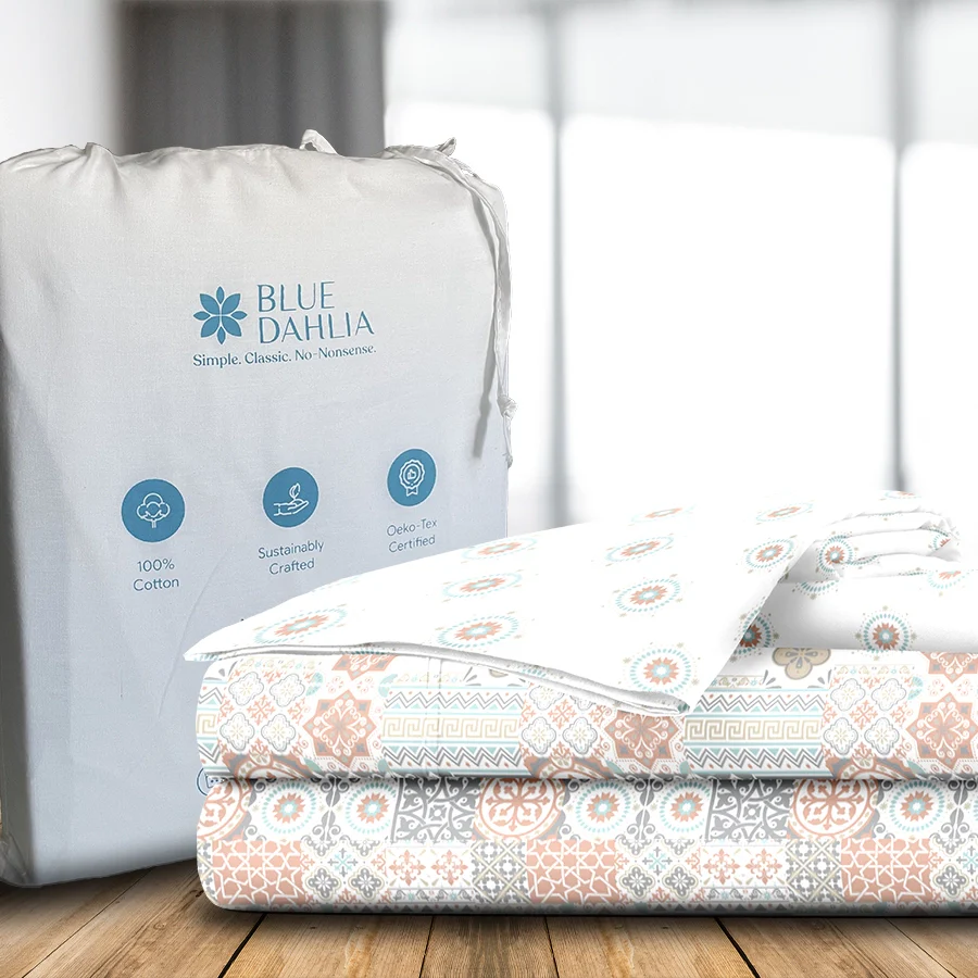 Fitted Bedsheet Set | Morocco Tiles | 100% Cotton Bedsheet + 2 Pillow Cases [Sizes: King Bedsheets & Queen/ Double Bedsheets] - Image 2