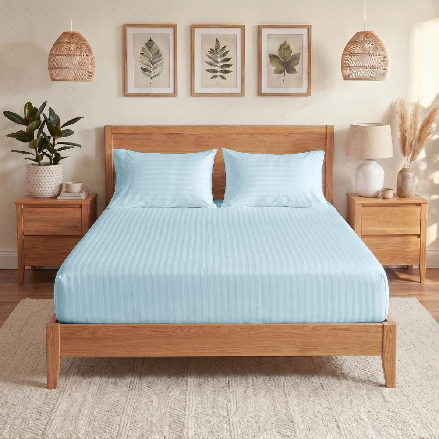 Fitted Bedsheet Set | Striped Luxe | 100% Cotton Bedsheet + 2 Pillow Cases [Sizes: King Bedsheets & Queen/ Double Bedsheets] | 300TC
