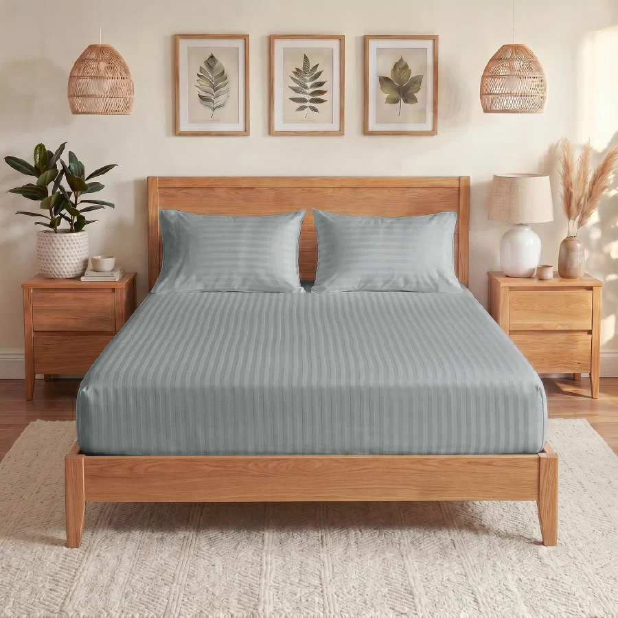 Fitted Bedsheet Set | Striped Luxe | 100% Cotton Bedsheet + 2 Pillow Cases [Sizes: King Bedsheets & Queen/ Double Bedsheets] | 300TC - Image 22