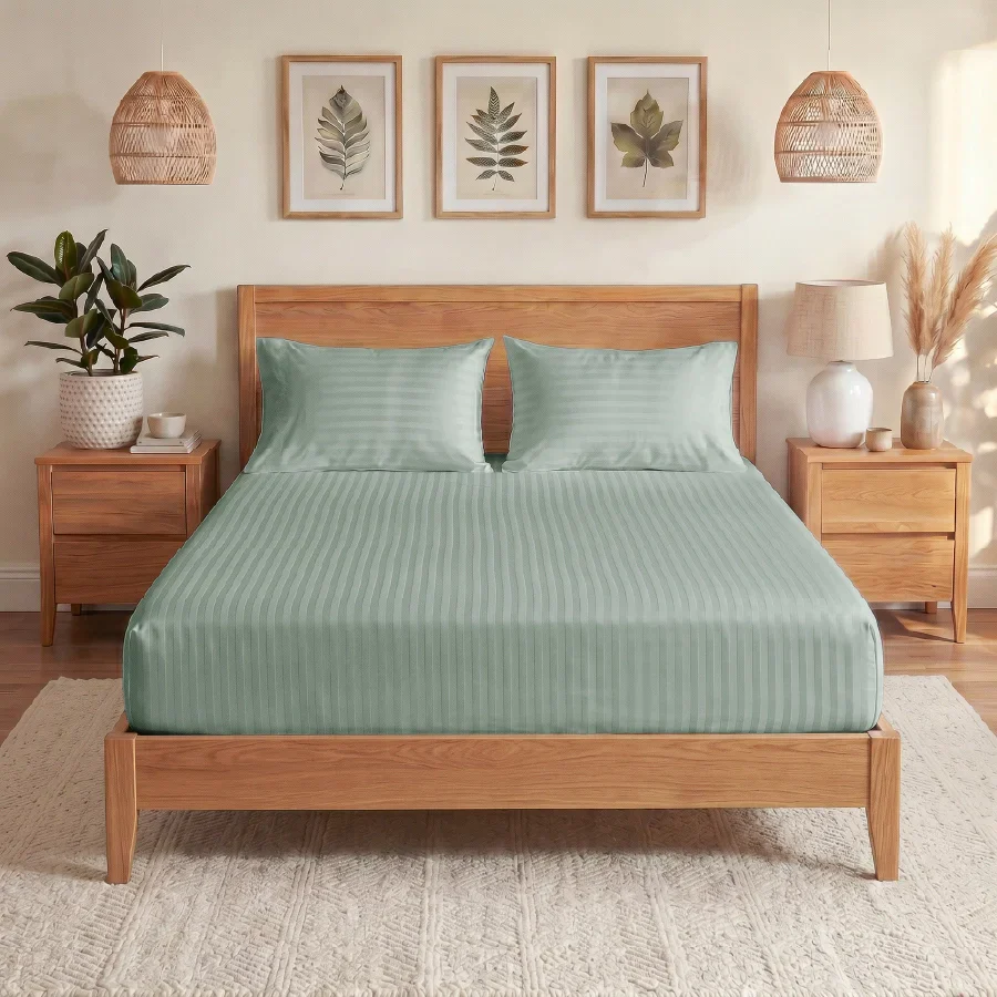Fitted Bedsheet Set | Striped Luxe | 100% Cotton Bedsheet + 2 Pillow Cases [Sizes: King Bedsheets & Queen/ Double Bedsheets] | 300TC - Image 29
