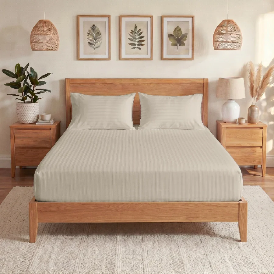 Fitted Bedsheet Set | Striped Luxe | 100% Cotton Bedsheet + 2 Pillow Cases [Sizes: King Bedsheets & Queen/ Double Bedsheets] | 300TC - Image 8