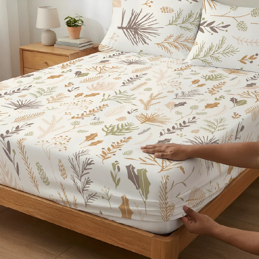 Fitted Bedsheet Set | Harvest Leaves | 100% Cotton Bedsheet + 2 Pillow Cases [Sizes: King Bedsheets & Queen/ Double Bedsheets] - Image 4