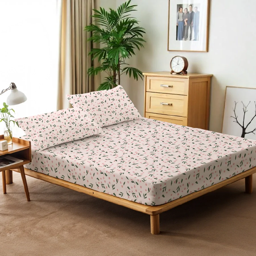 Fitted Bedsheet Set | Olive Grove Soft Pink | 100% Cotton Bedsheet + 2 Pillow Cases [Sizes: King Bedsheets & Queen/ Double Bedsheets] - Image 3