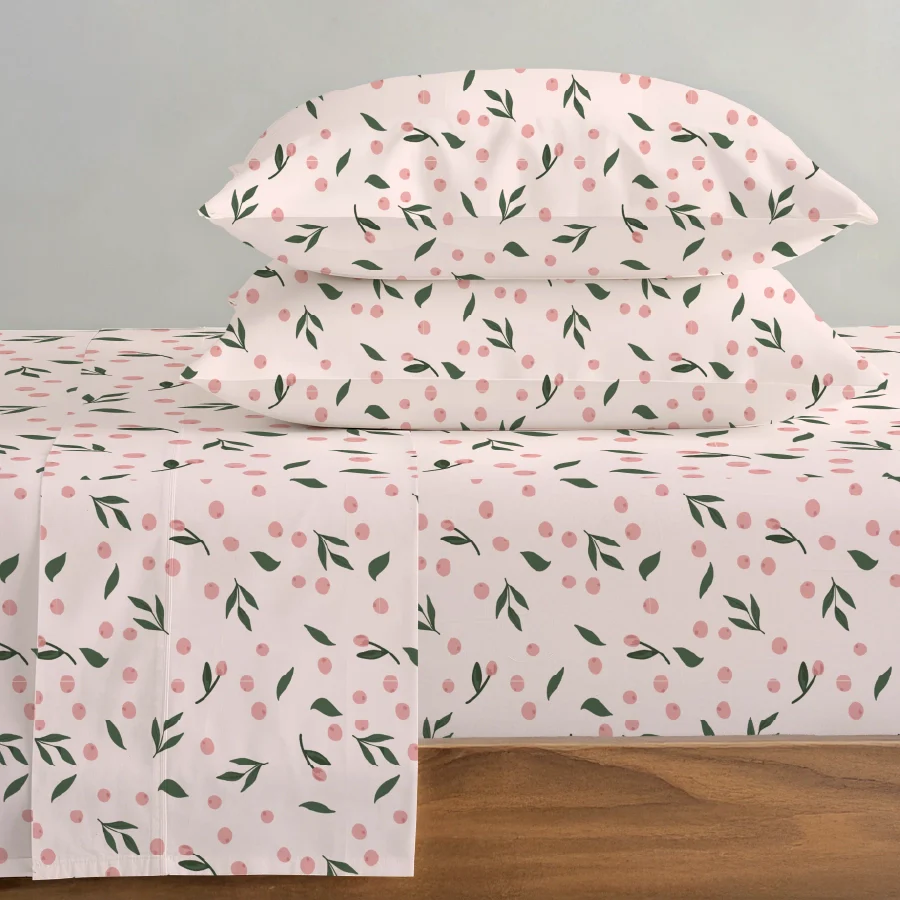 Fitted Bedsheet Set | Olive Grove Soft Pink | 100% Cotton Bedsheet + 2 Pillow Cases [Sizes: King Bedsheets & Queen/ Double Bedsheets] - Image 4